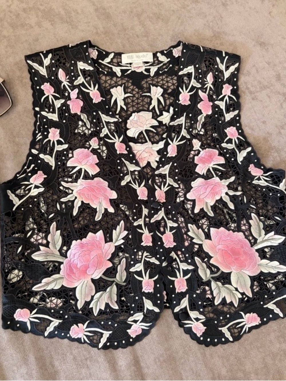 Vintage 100% Silk Hand Made Crochet Embroidered Black Vest with Pink Floral
